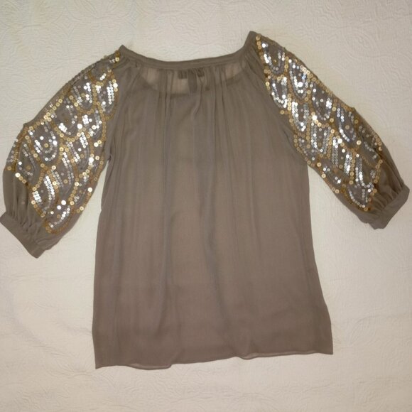 INC Womens Sequin-Embellished Blouse Size 4 Taupe  3/4 Sleeve Bohemia Boho - Picture 4 of 11